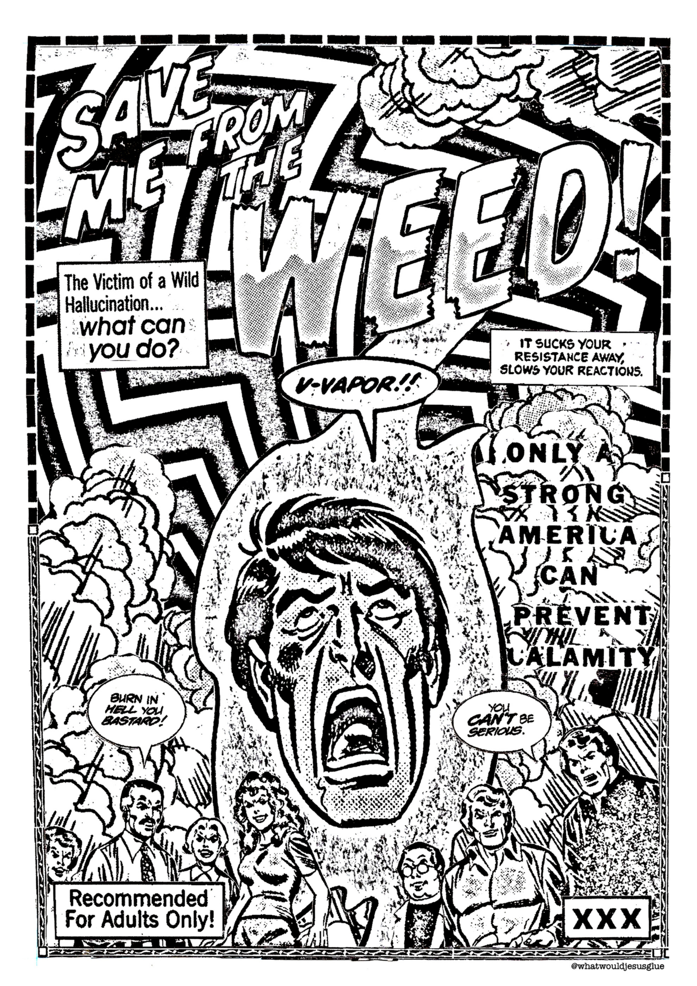 black and white 1950s-style art talking about weed