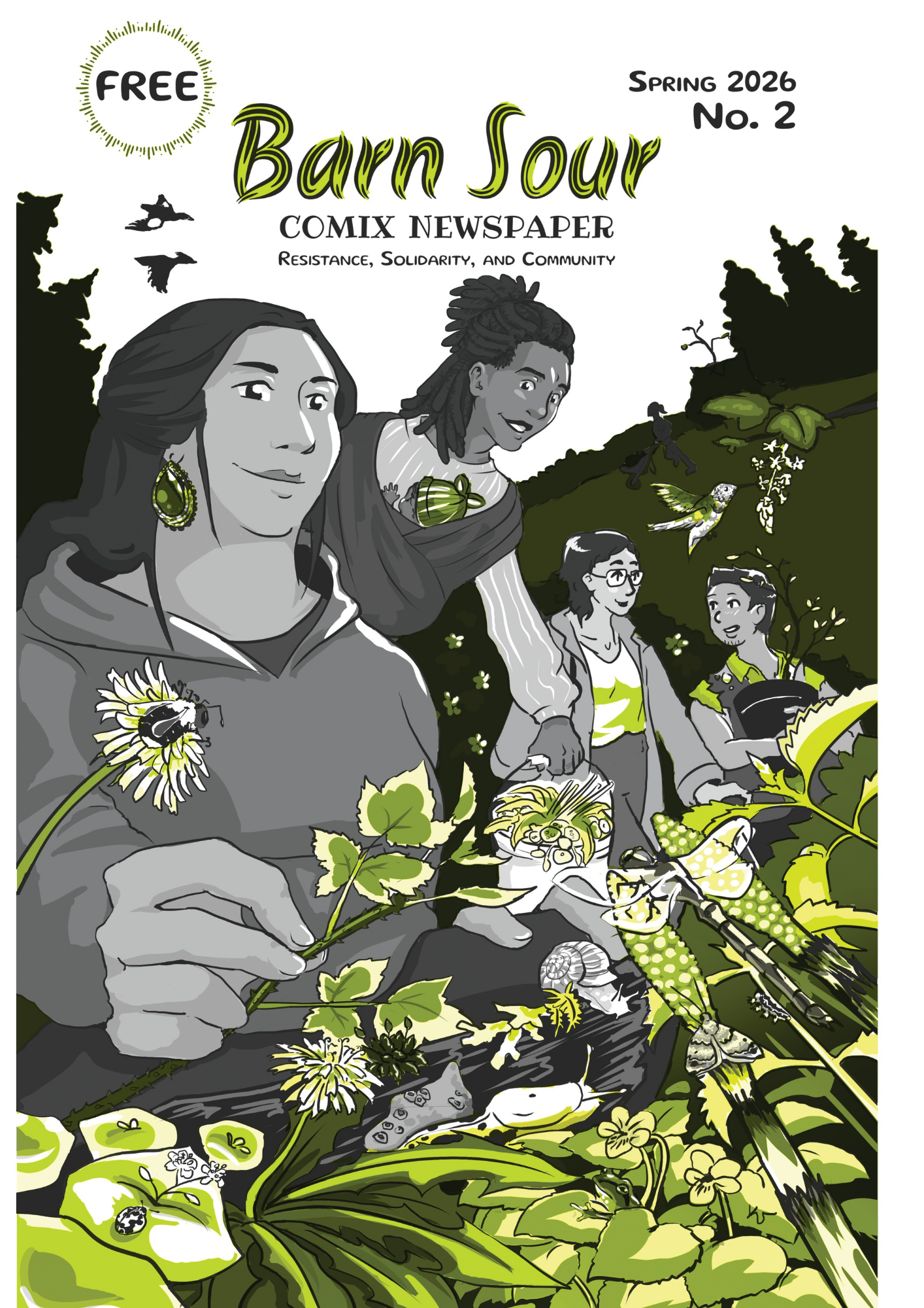 Barn Sour comix cover No. 2 featuring BIPOC women at the forefront in a park with plants, birds, bees