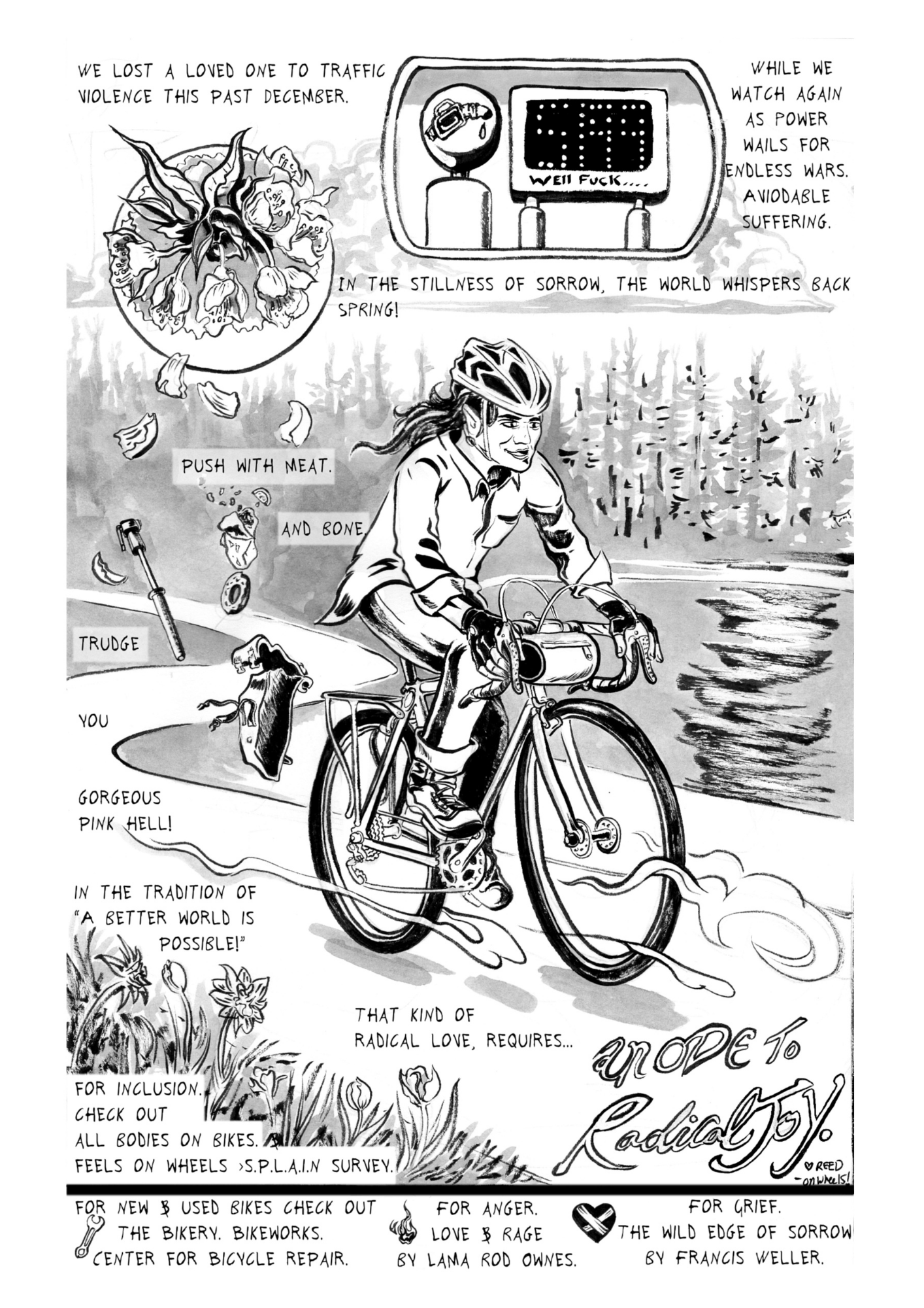 black and white image of someone riding a bicycle through a park