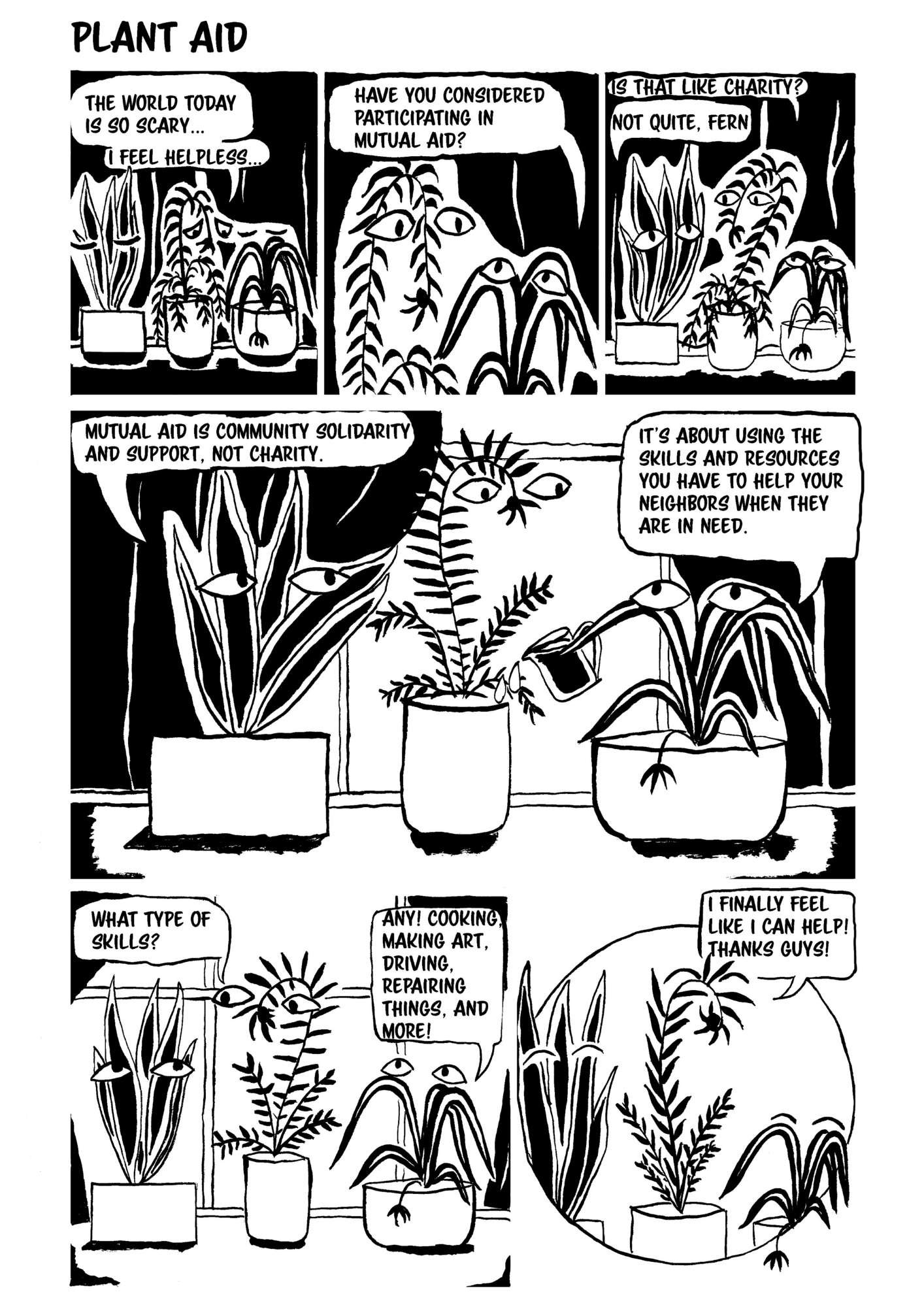 black and white comic of plants speaking to each other about mutual aid
