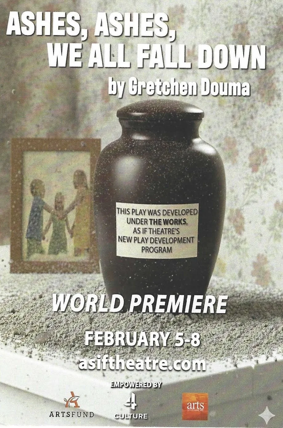 promo poster for Ashes, Ashes featuring an urn and a photo of a group of children, hands held while standing in a circle facing each other