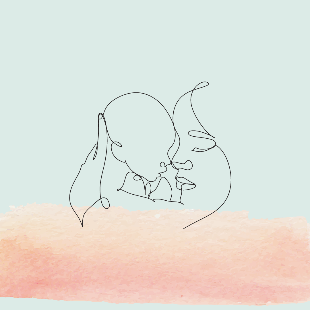 Minimalist line drawing of a mother cradling her baby against a pastel green, pink, and peach flower-shaped background.