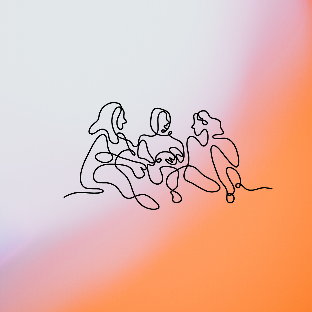 Minimalist line illustration of a group of young adults sitting together against a soft pink, orange, and blue gradient background.