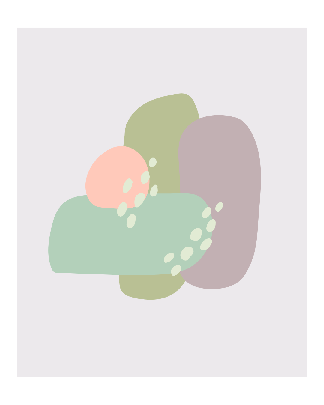 Abstract illustration of overlapping organic shapes in soft sage green, peach, cream, and lavender.