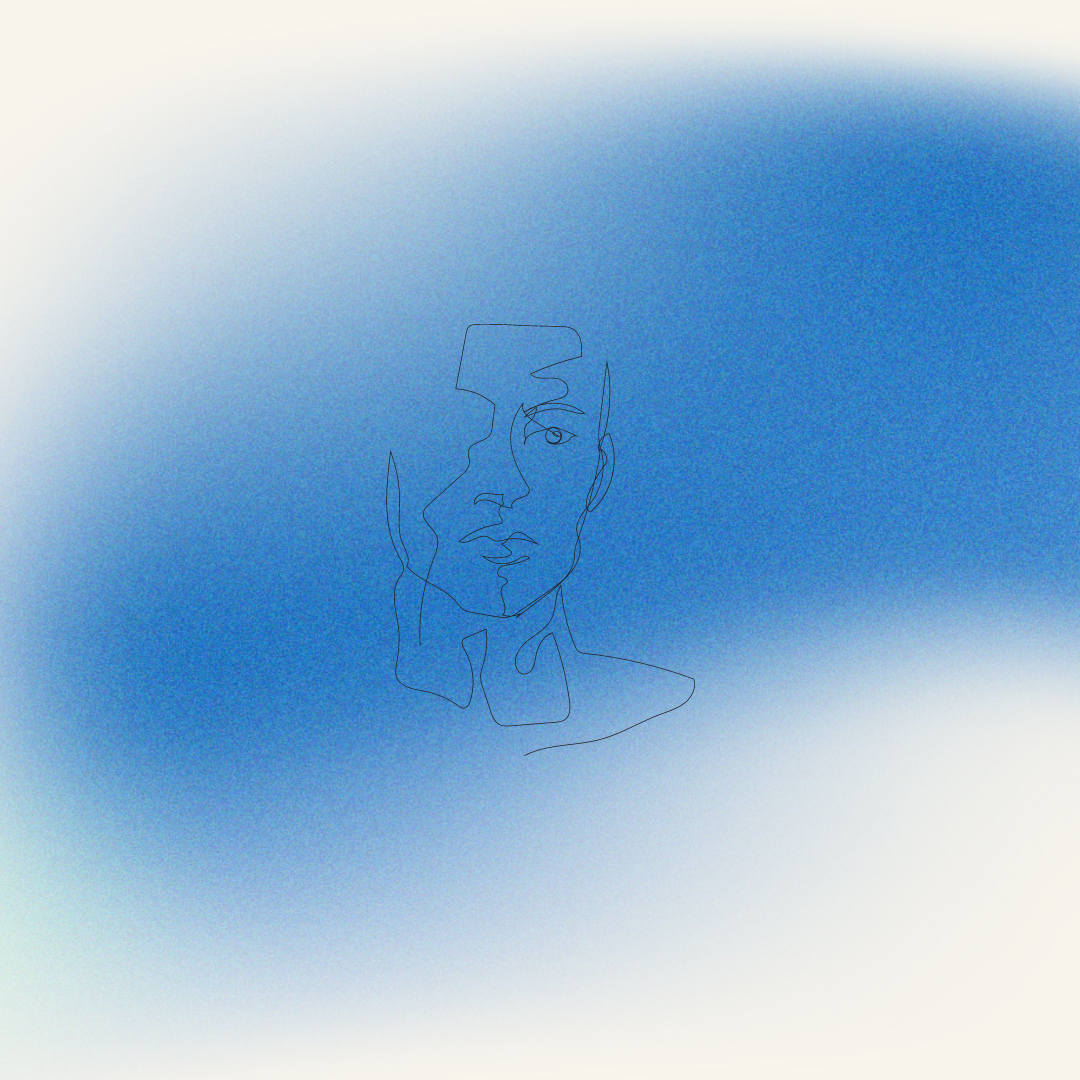 Minimalist line illustration of a man's face against a soft blue watercolor flower-shaped background.