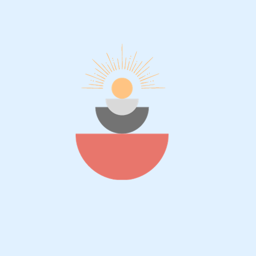 Minimalist abstract illustration featuring stacked semicircles in coral, charcoal, and white, topped with a small golden sun.
