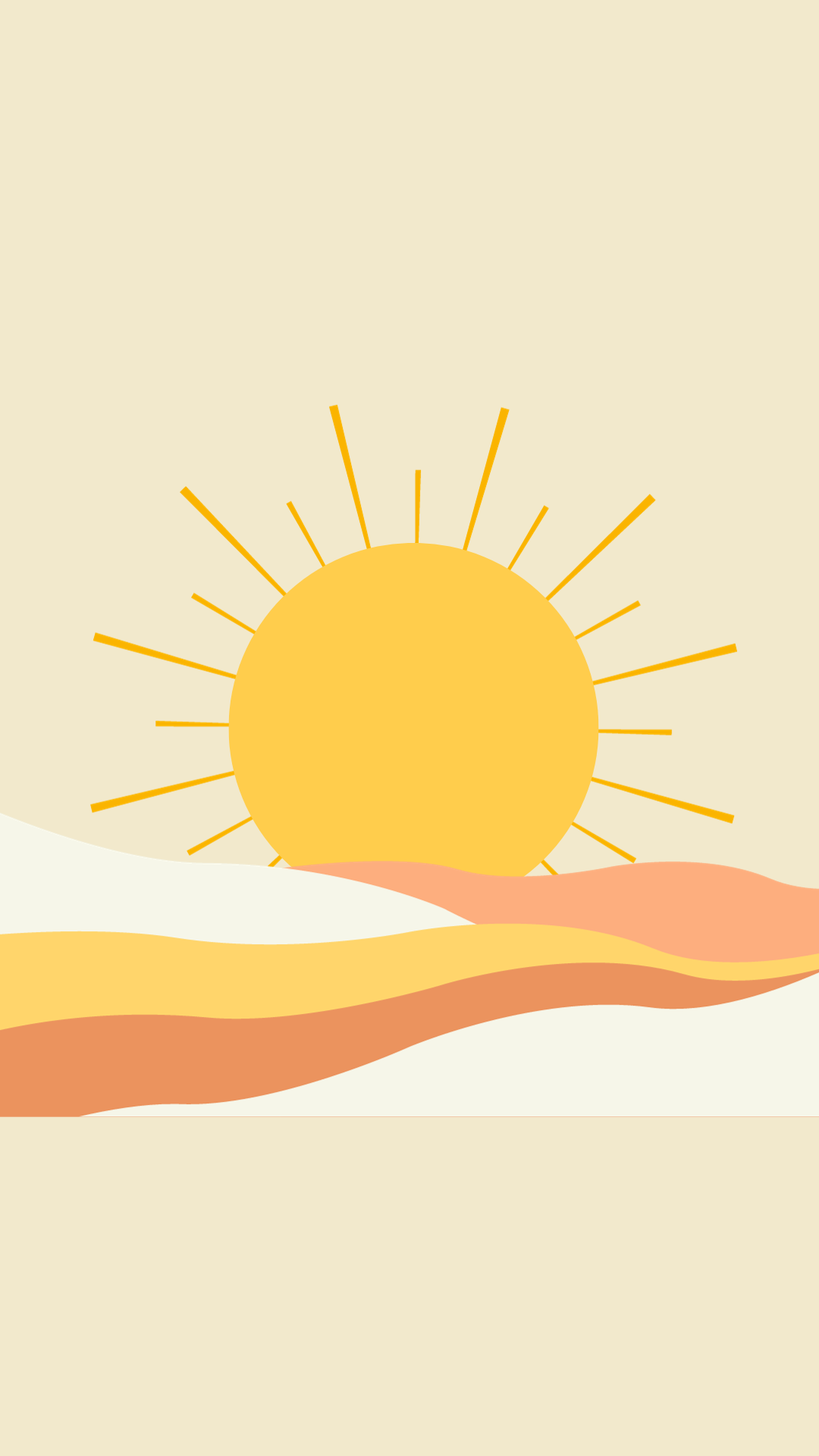 Minimalist illustration of a golden sun rising over rolling hills in warm shades of yellow, peach, and terracotta.