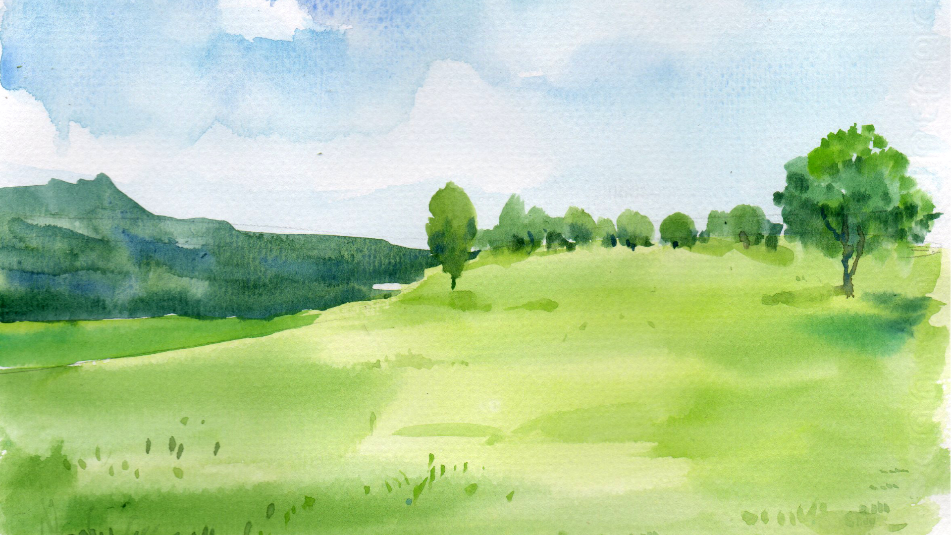 Watercolor illustration of a bright green meadow with rolling hills, scattered trees, and a blue sky, with an overlapping oval labeled FAQs