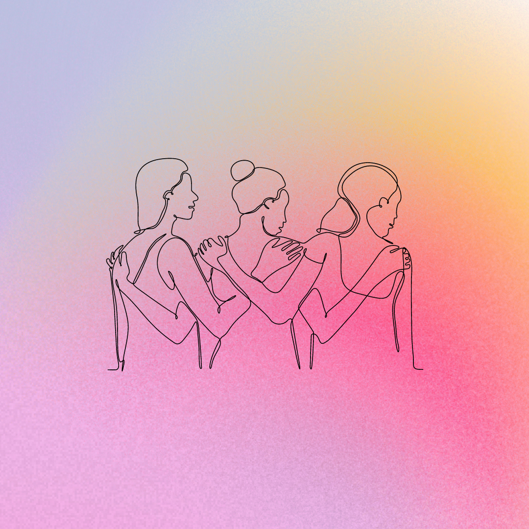 Minimalist line illustration of three women sitting together against a soft pink, peach, and blue flower-shaped watercolor background.