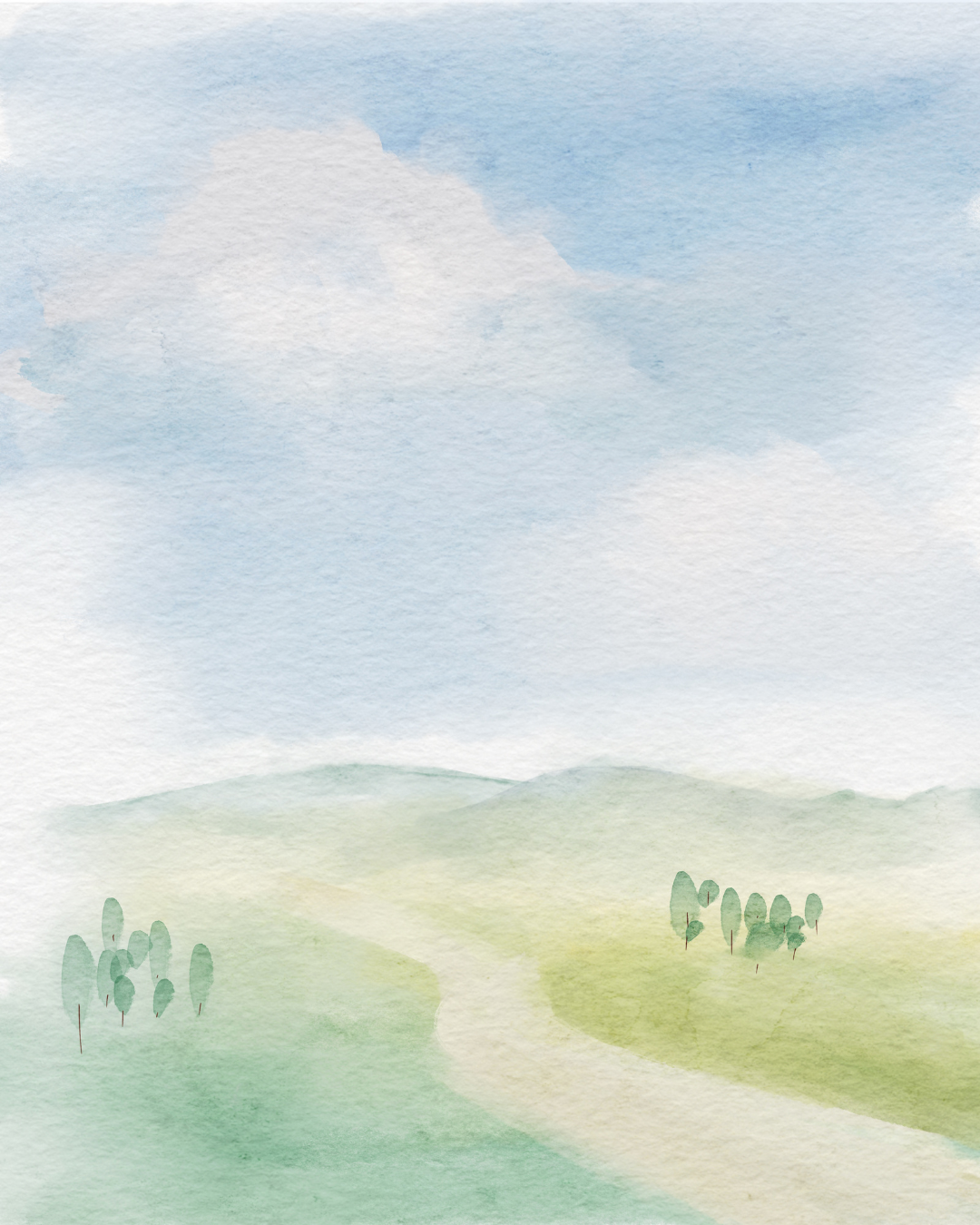Soft pastel landscape illustration featuring rolling green hills, small clusters of trees, and a pale blue sky.