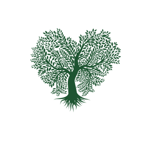 Green illustration of a tree with branches and leaves forming a heart shape.