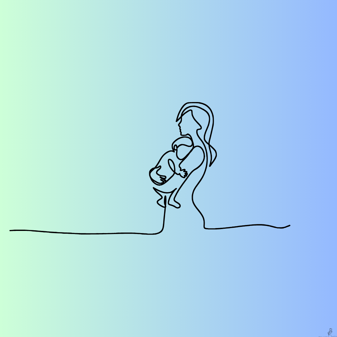Minimalist line illustration of a mother holding her baby against a soft pastel watercolor background.