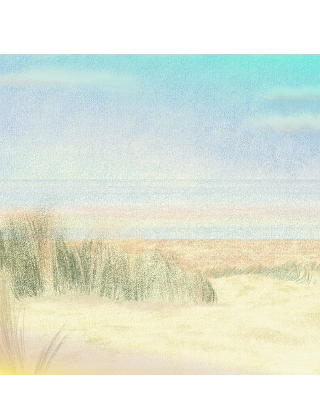 Soft watercolor illustration of a peaceful sandy beach with coastal grasses, gentle ocean waves, and a pale blue sky.