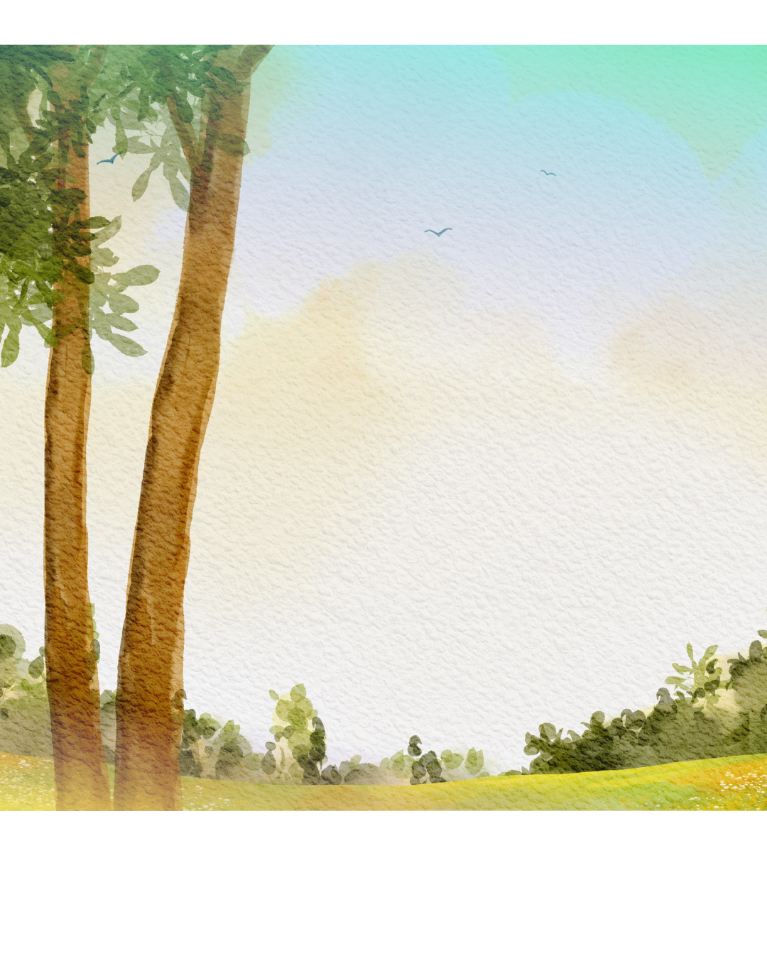 Watercolor-style landscape illustration featuring two tall trees overlooking a green meadow beneath a soft blue and yellow sky.