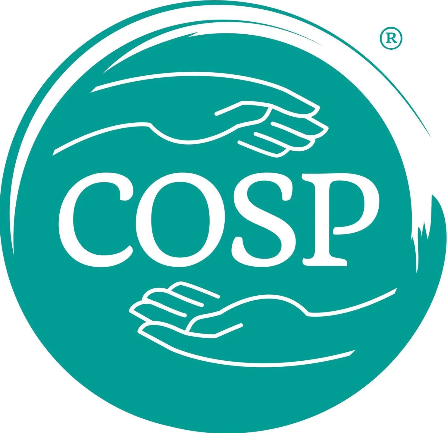 Circle of Security Parenting (COSP) logo featuring two outlined hands surrounding the letters COSP on a teal circular background.
