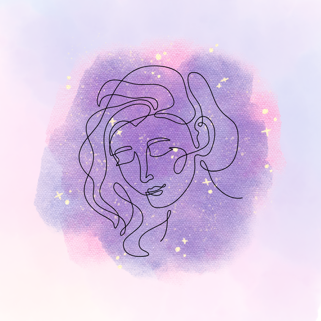 Minimalist line drawing of a woman's face against a soft purple watercolor background.
