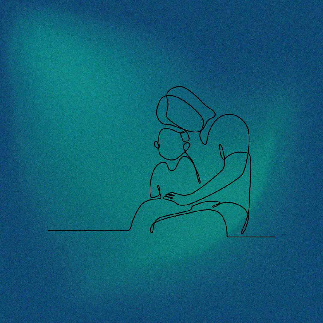 Minimalist line drawing of a mother with her toddler against a soft green and blue watercolor flower-shaped background.