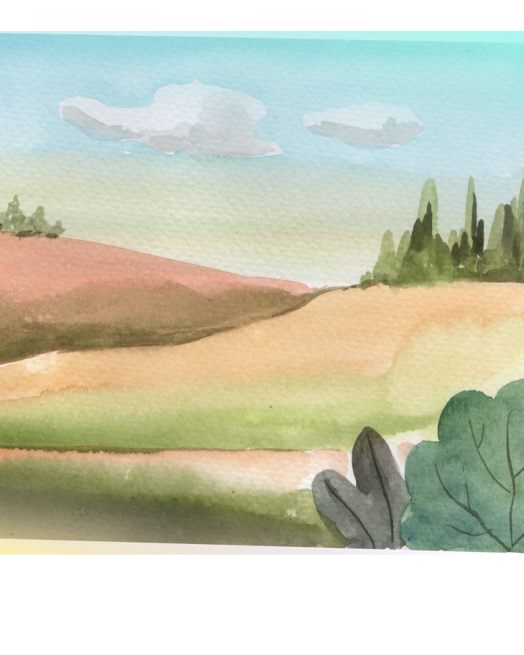 Pastel landscape illustration featuring rolling green and golden hills, distant trees, and soft clouds against a pale sky.