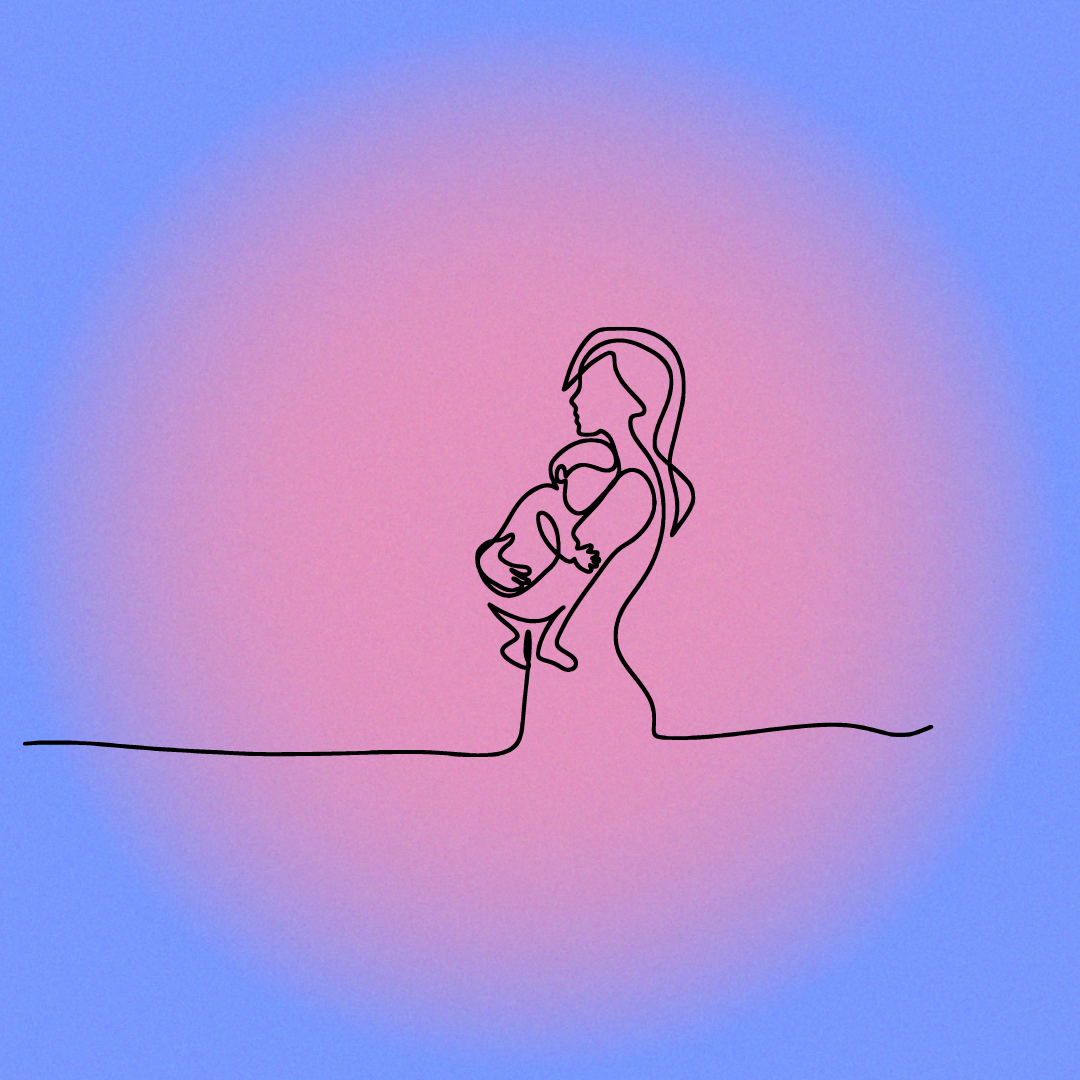 Minimalist line drawing of a mother cradling her baby against a soft pastel green and blue flower-shaped background.
