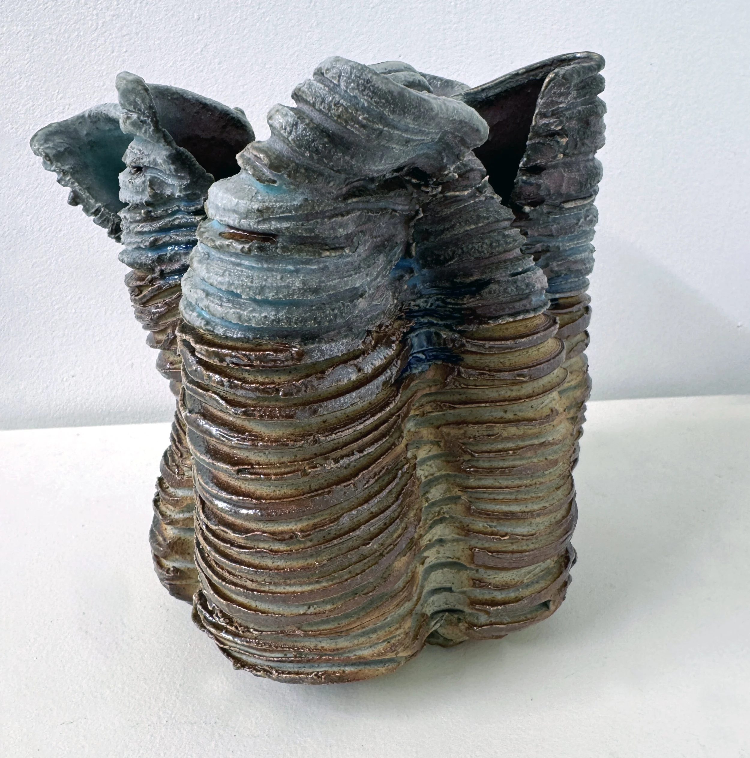 Collapsed Form (Textured WF), 2025. Wood-fired stoneware. 6 1/4" tall x 7" dia approx