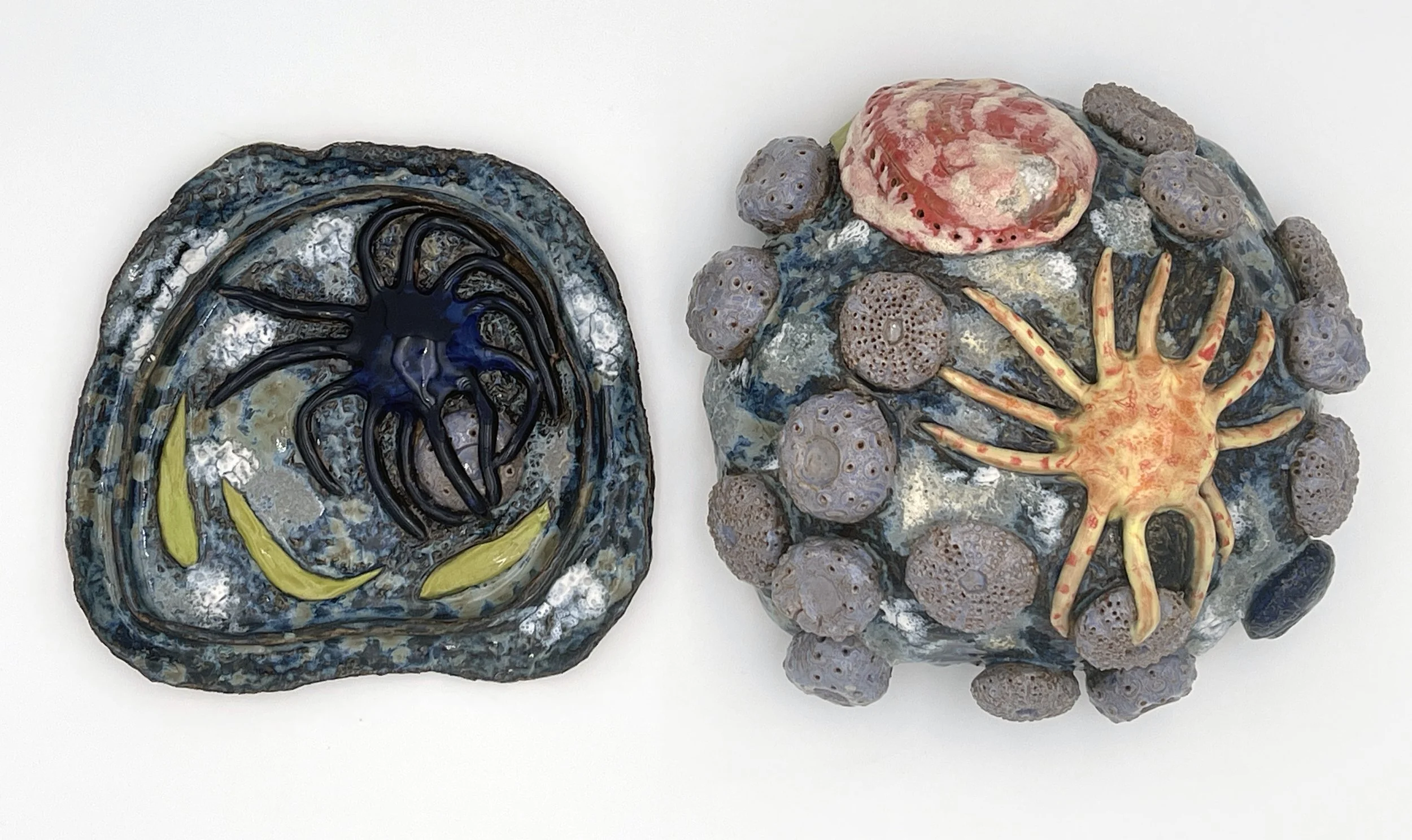 Zombie Urchins (left is the inside, top on right), 2023. 12" w x 12" x 8" high. Stoneware.
