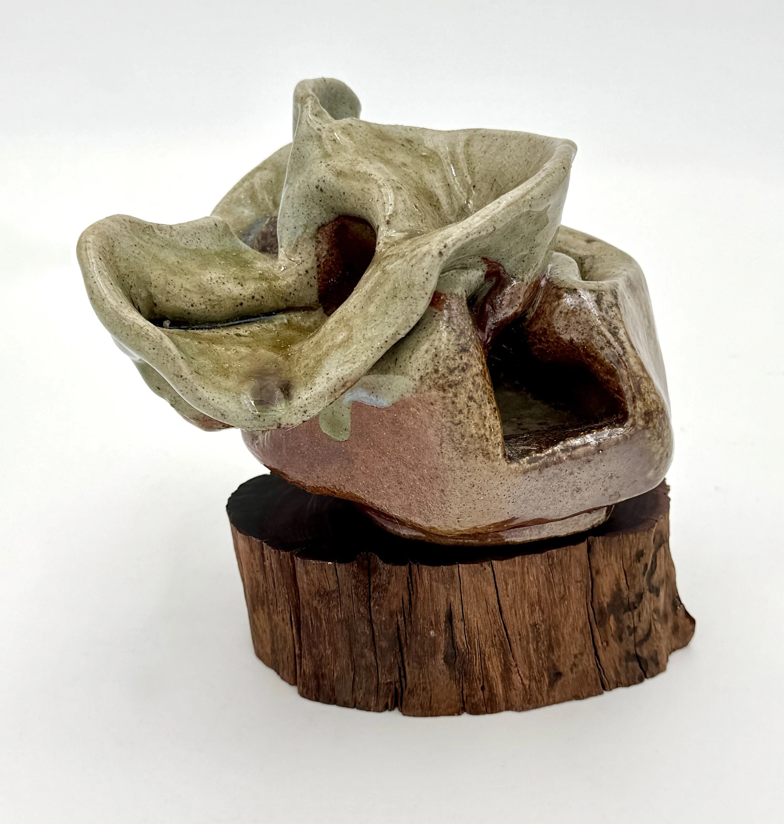 Collapsed (M1 WF), 2025. Stoneware and wood. 6 x 6 1/2 x 6"