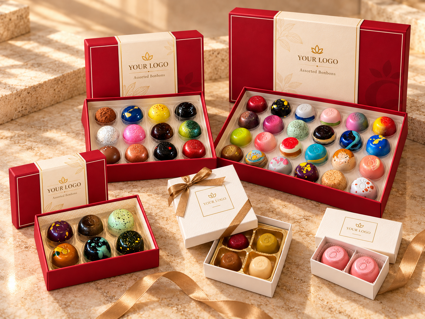Custom bonbon gift boxes in multiple sizes with personalized corporate packaging by Chokolatta.