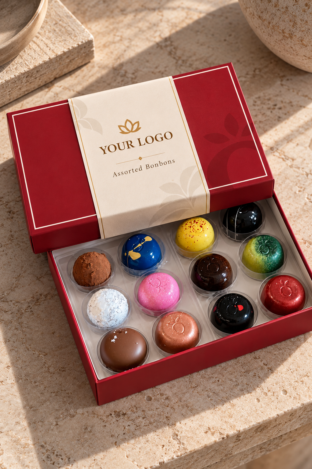 Custom corporate bonbon gift box with branded sleeve and handcrafted chocolates by Chokolatta.