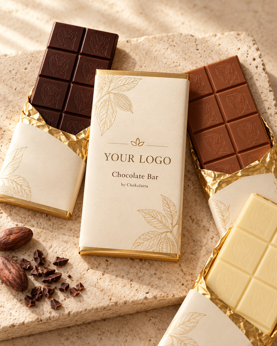 Custom branded dark, milk and white chocolate bars with personalized wrappers by Chokolatta.