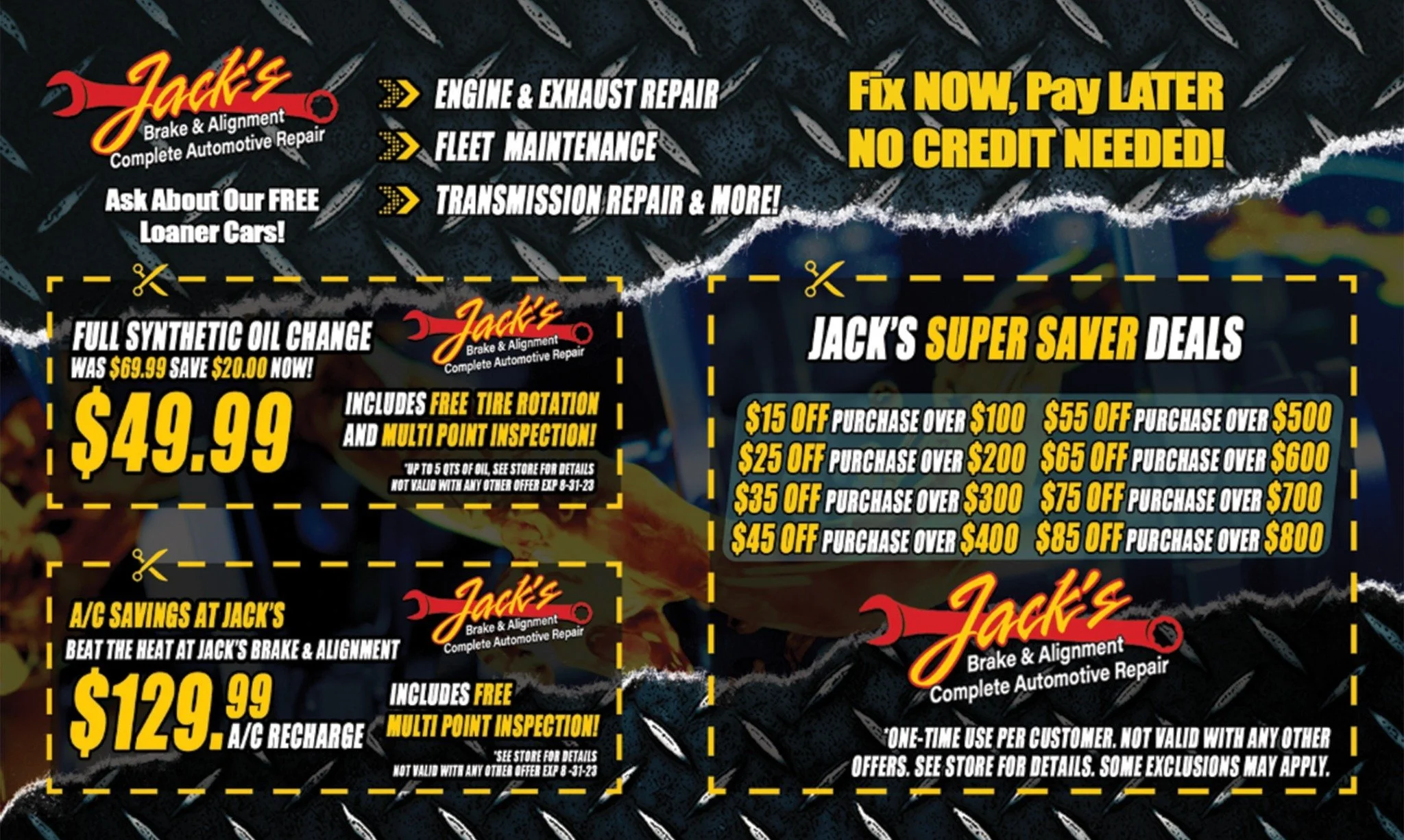 Jack’s Brake and Alignment coupon sheet with oil change and service discounts in Davenport Iowa