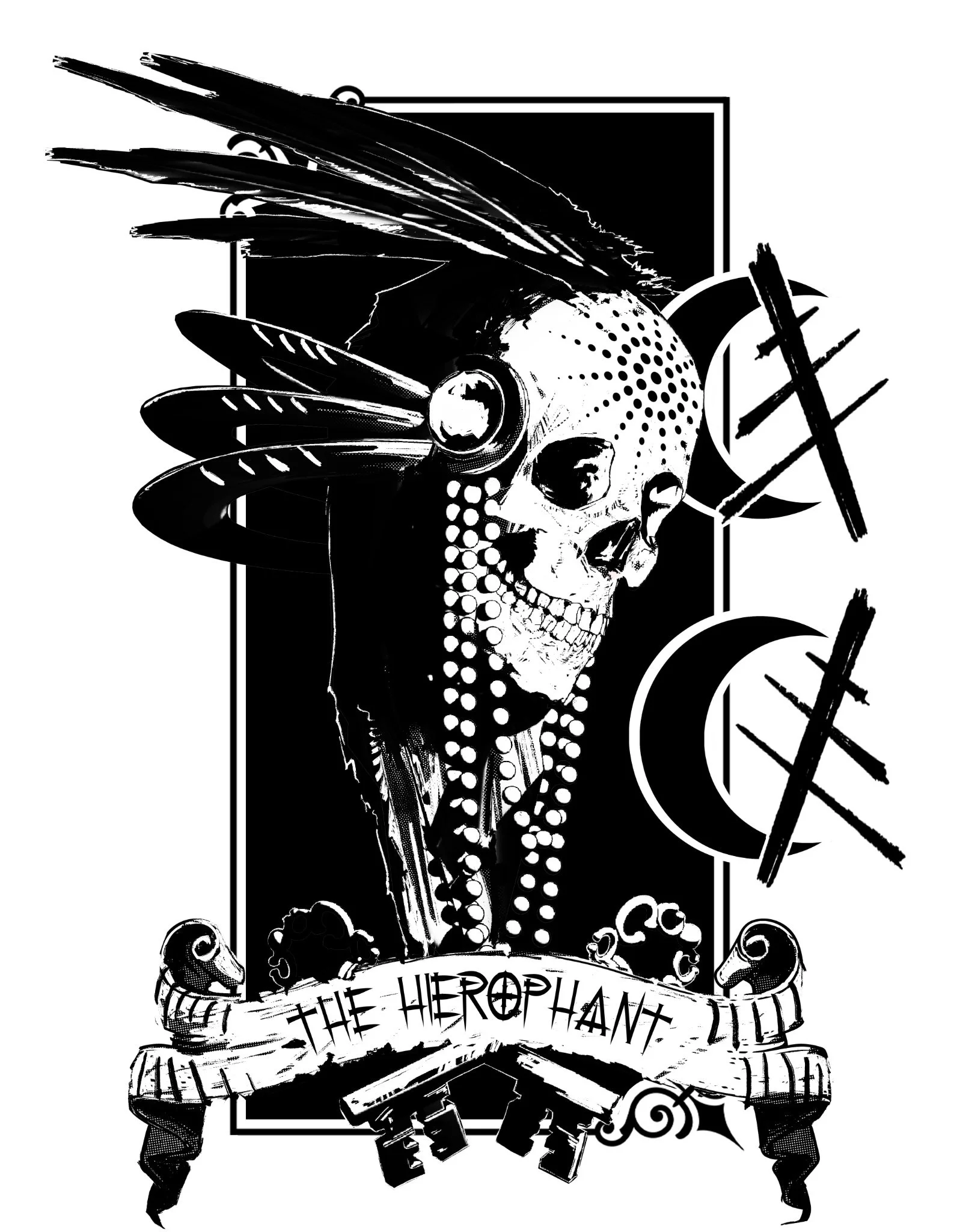 The Hierophant III tarot illustration by Rieley Finn featuring skull figure with ceremonial elements in high contrast black and white design