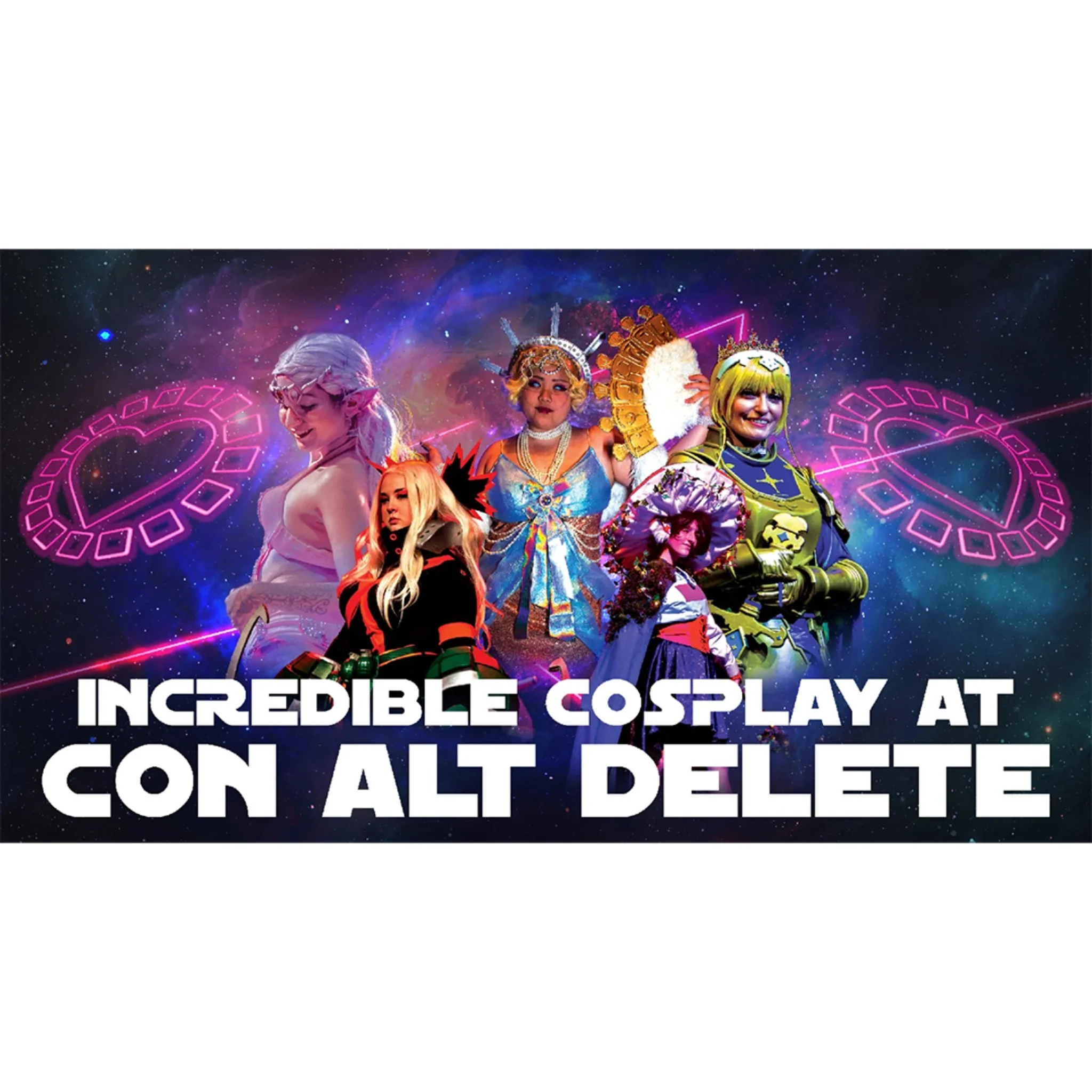 Cosplay-focused promotional graphic for Con Alt Delete convention showcasing multiple characters and branding by Rieley Finn