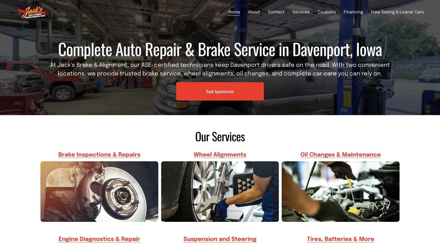 Jack’s Brake and Alignment auto repair website homepage design in Davenport Iowa