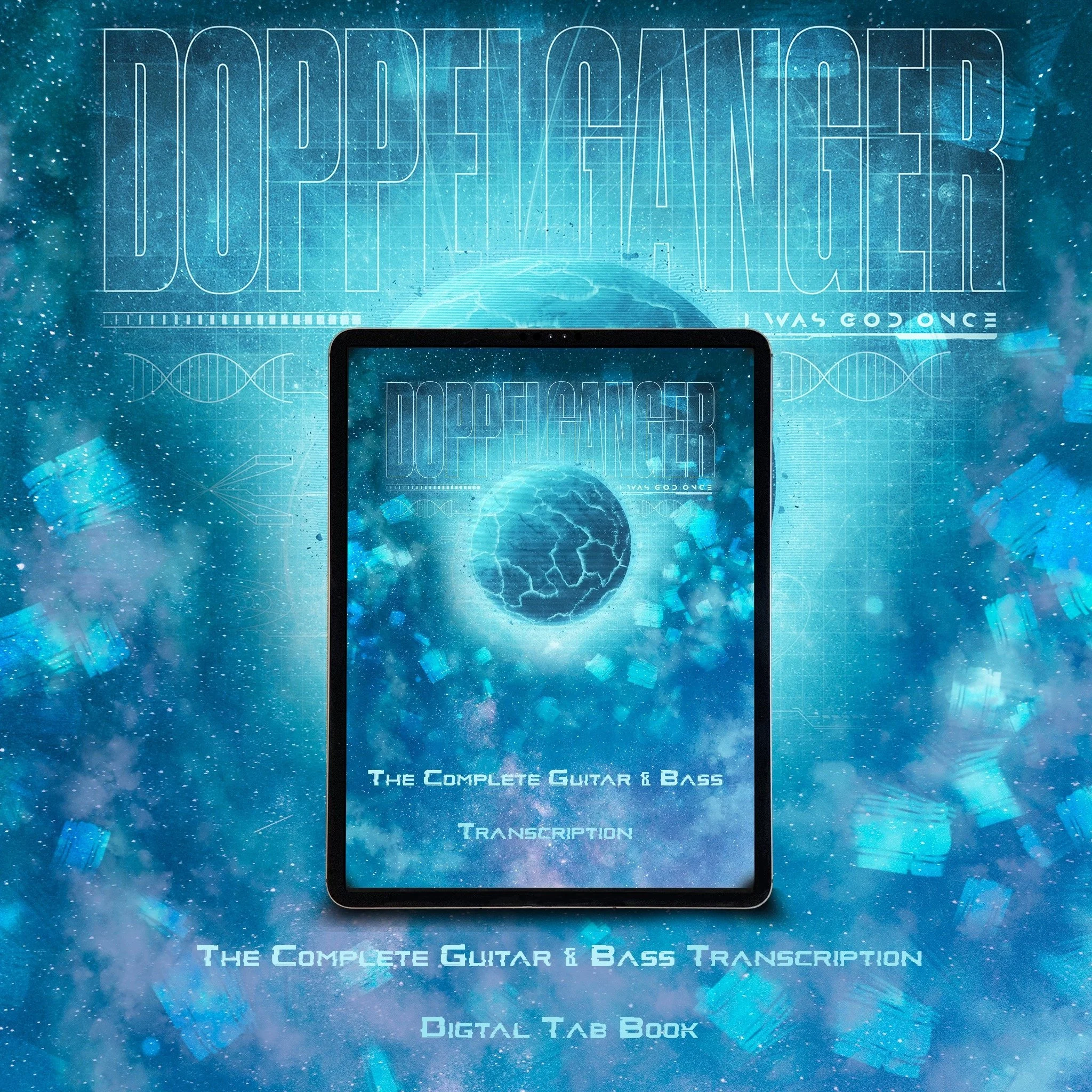 Doppelganger album artwork by Rieley Finn featuring cosmic planet design for complete guitar and bass transcription digital tab book