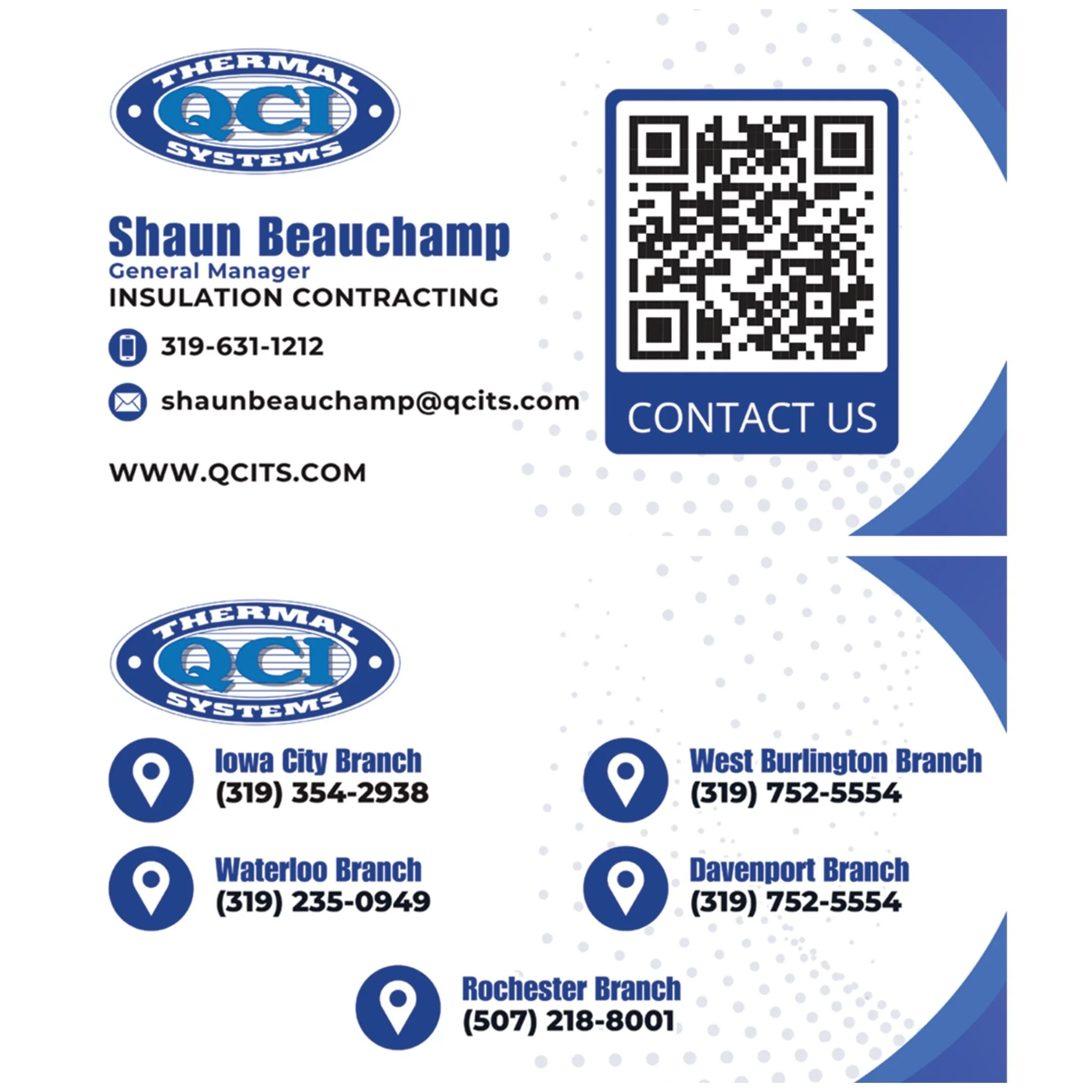 Business card design for QCI Thermal Systems highlighting mechanical insulation services and company branding by Rieley Finn