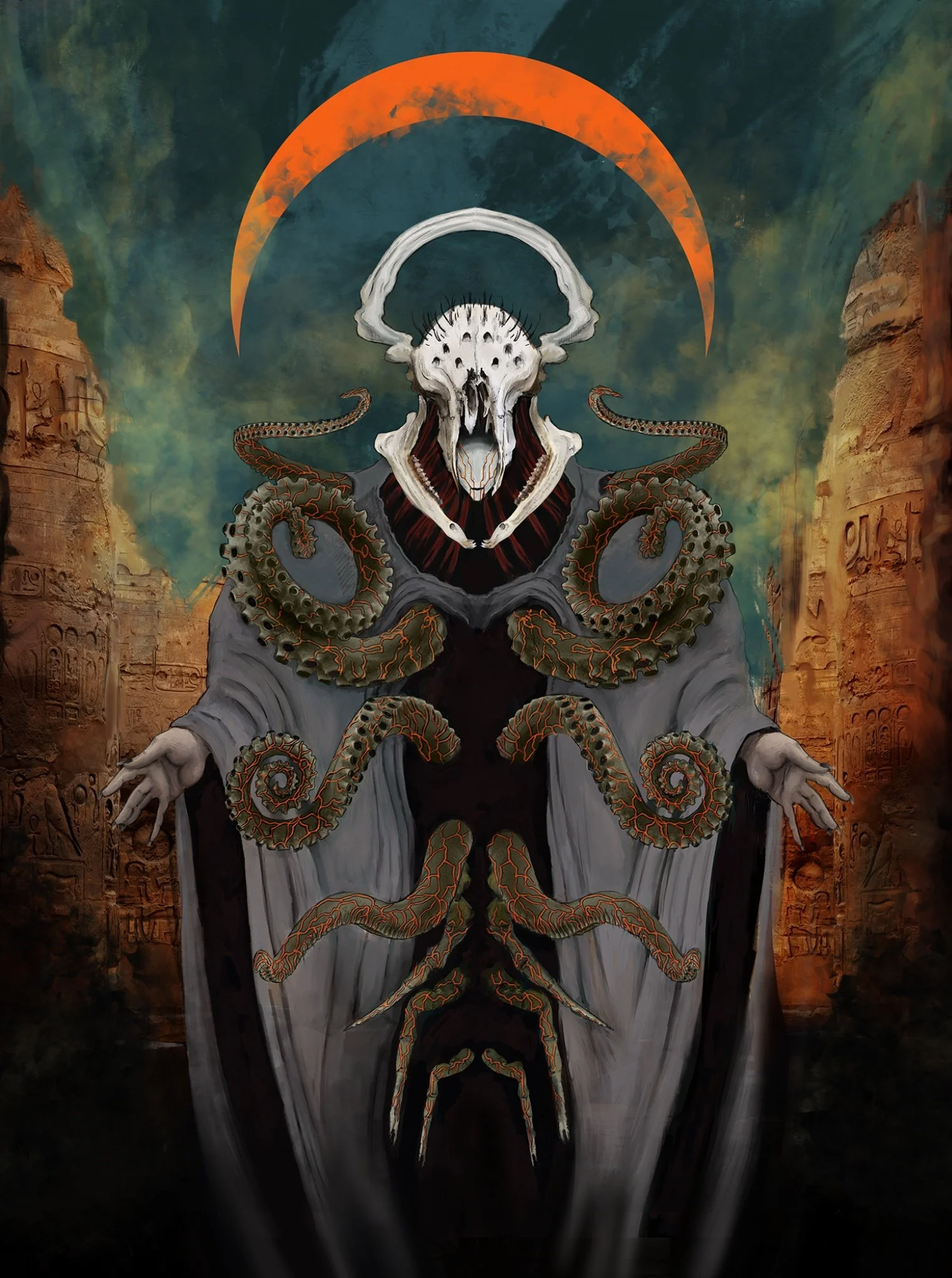 Eldritch priest illustration by Rieley Finn featuring skeletal figure with tentacles and ancient ruins in dark fantasy concept art