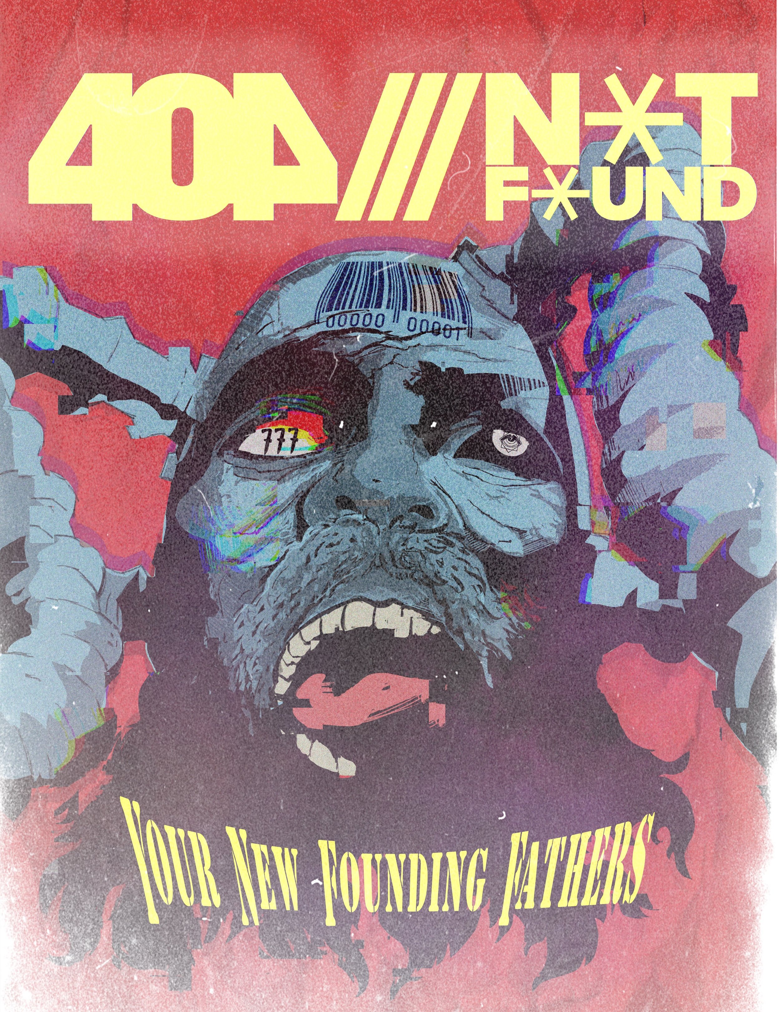 Digital artwork by Rieley Finn for the 404 Not Found project featuring a fragmented futuristic portrait with glitch effects, illustrating themes of philosophy, design, creativity, digital identity, and contemporary visual communication.