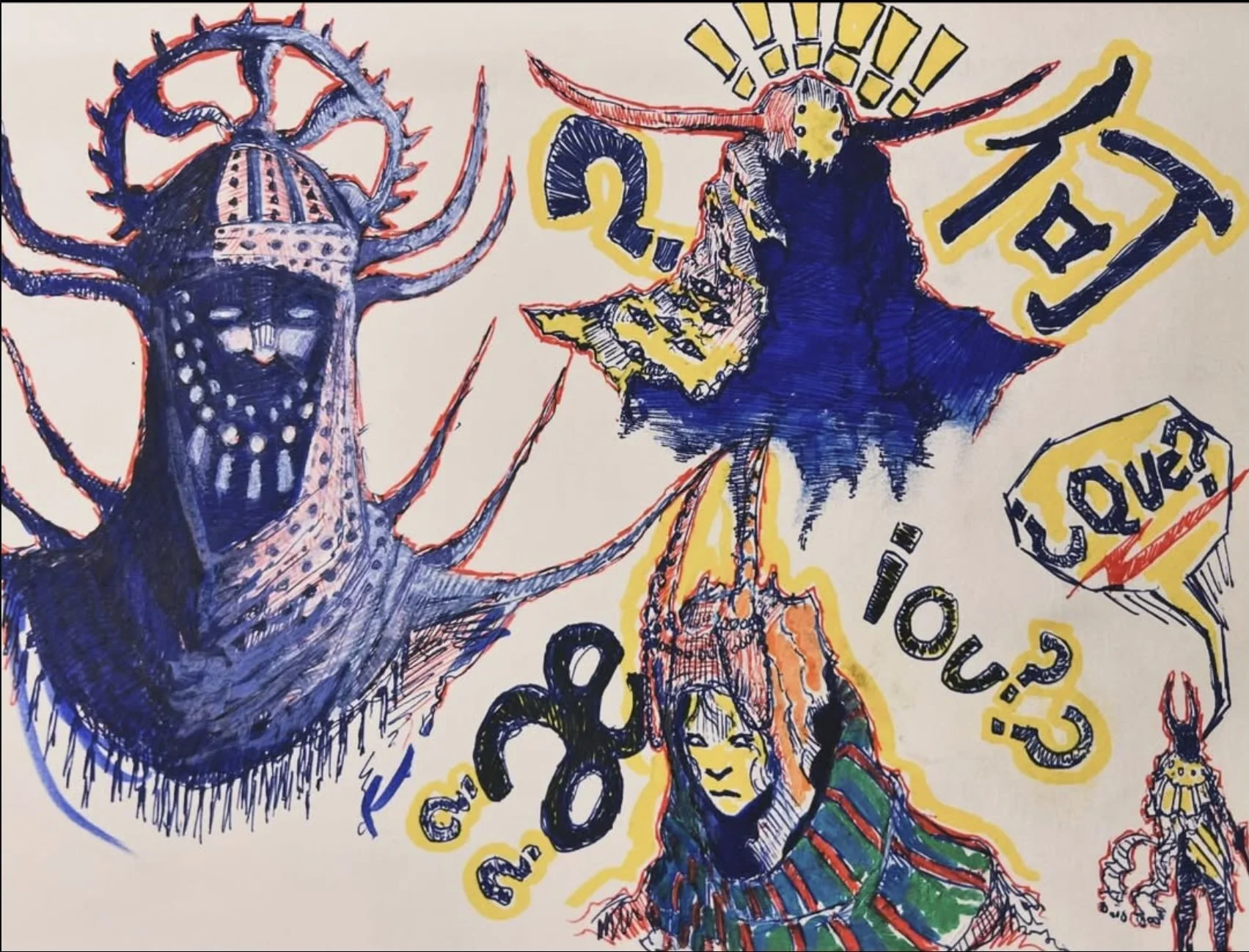 Sketchbook artwork by designer and illustrator Rieley Finn of Seven Spirit Media featuring experimental character designs, symbols, and colorful ink drawings.
