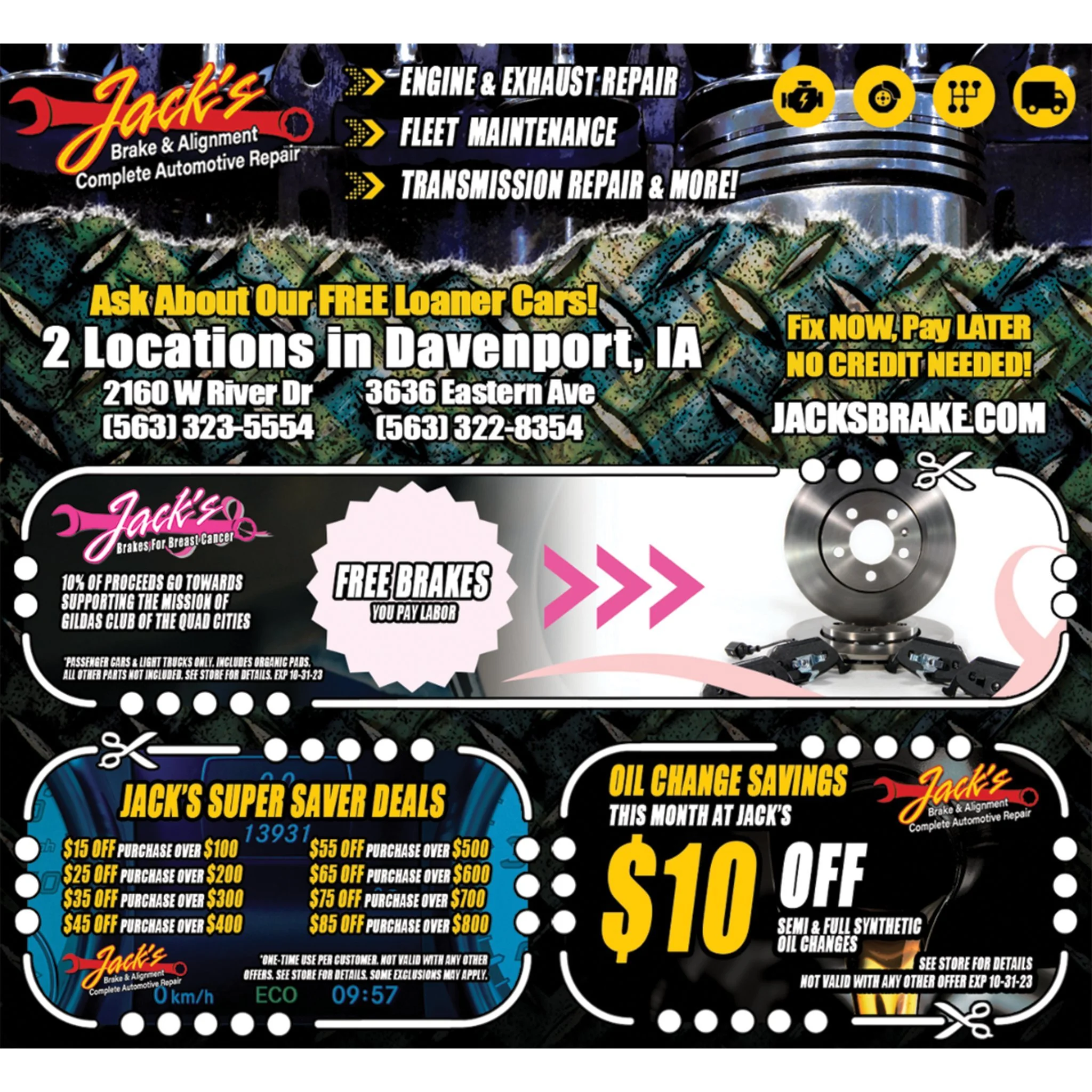 Automotive service promotion graphic for Jack’s Brake and Alignment in Davenport Iowa featuring oil change and repair deals designed by Rieley Finn