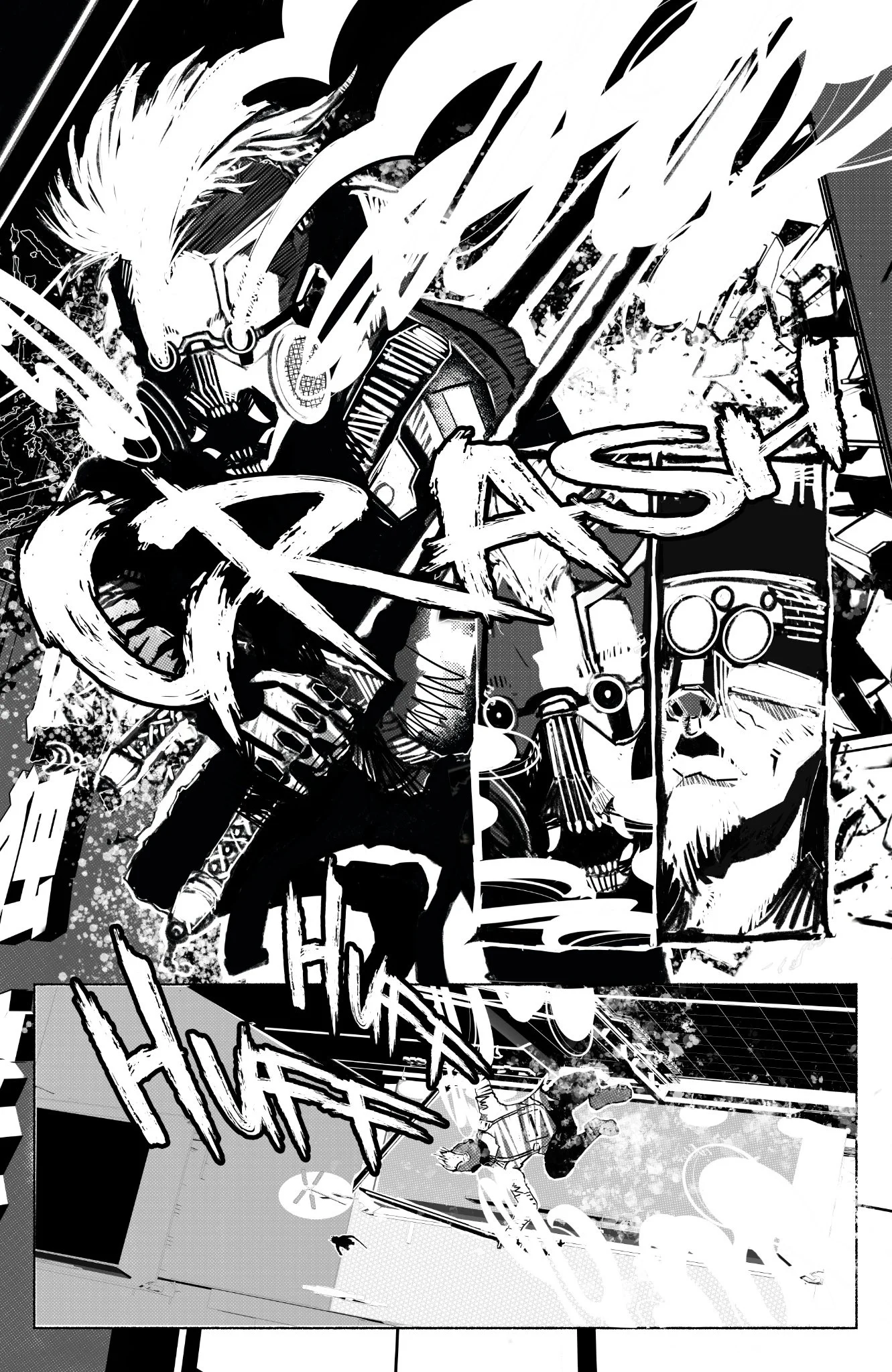 Punk comic style illustration by Rieley Finn featuring high contrast black and white chaotic layout with expressive typography and motion