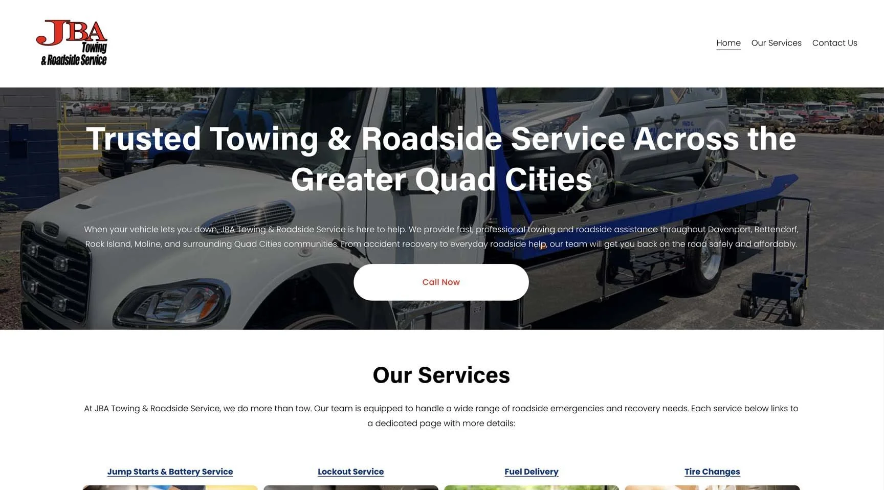 JBA Towing and Roadside Service website design for Quad Cities towing company