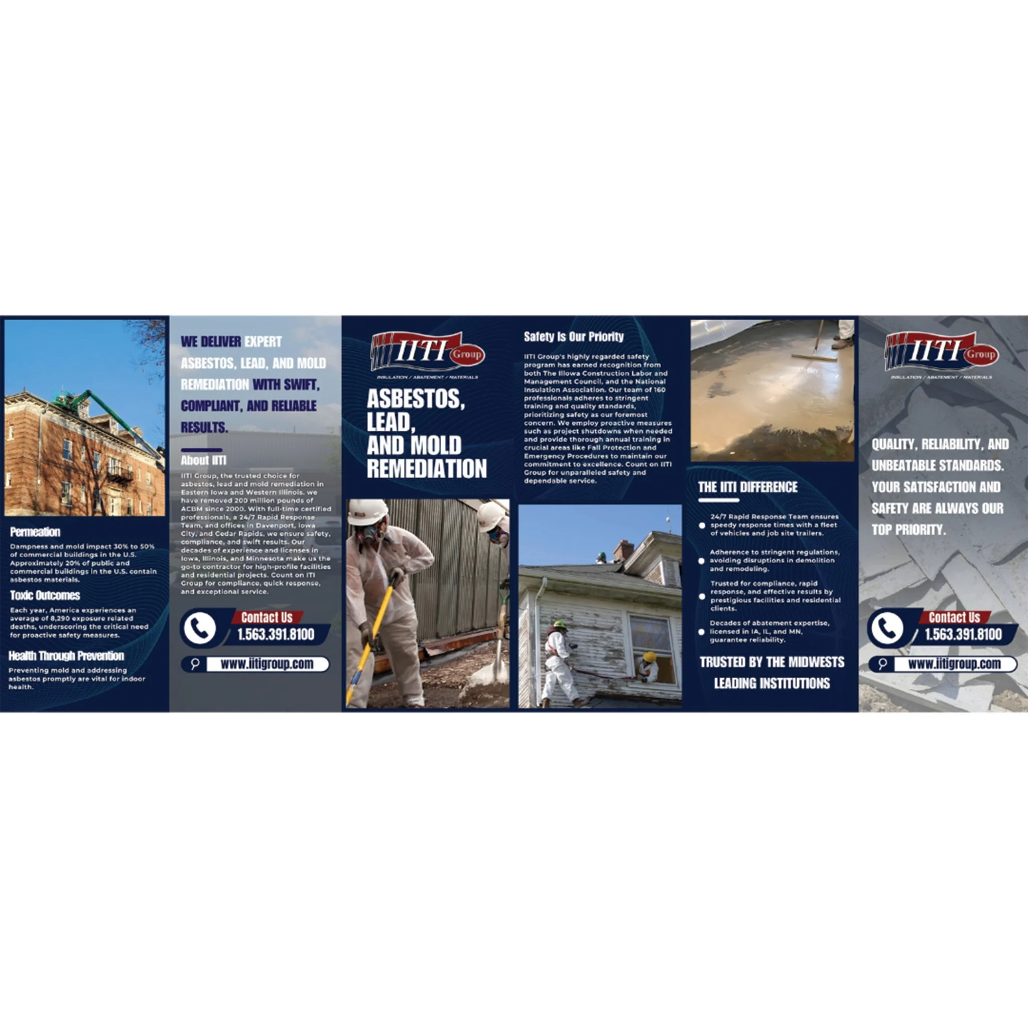 Industrial marketing brochure for IITI Group highlighting asbestos, lead, and mold remediation services designed by Rieley Finn