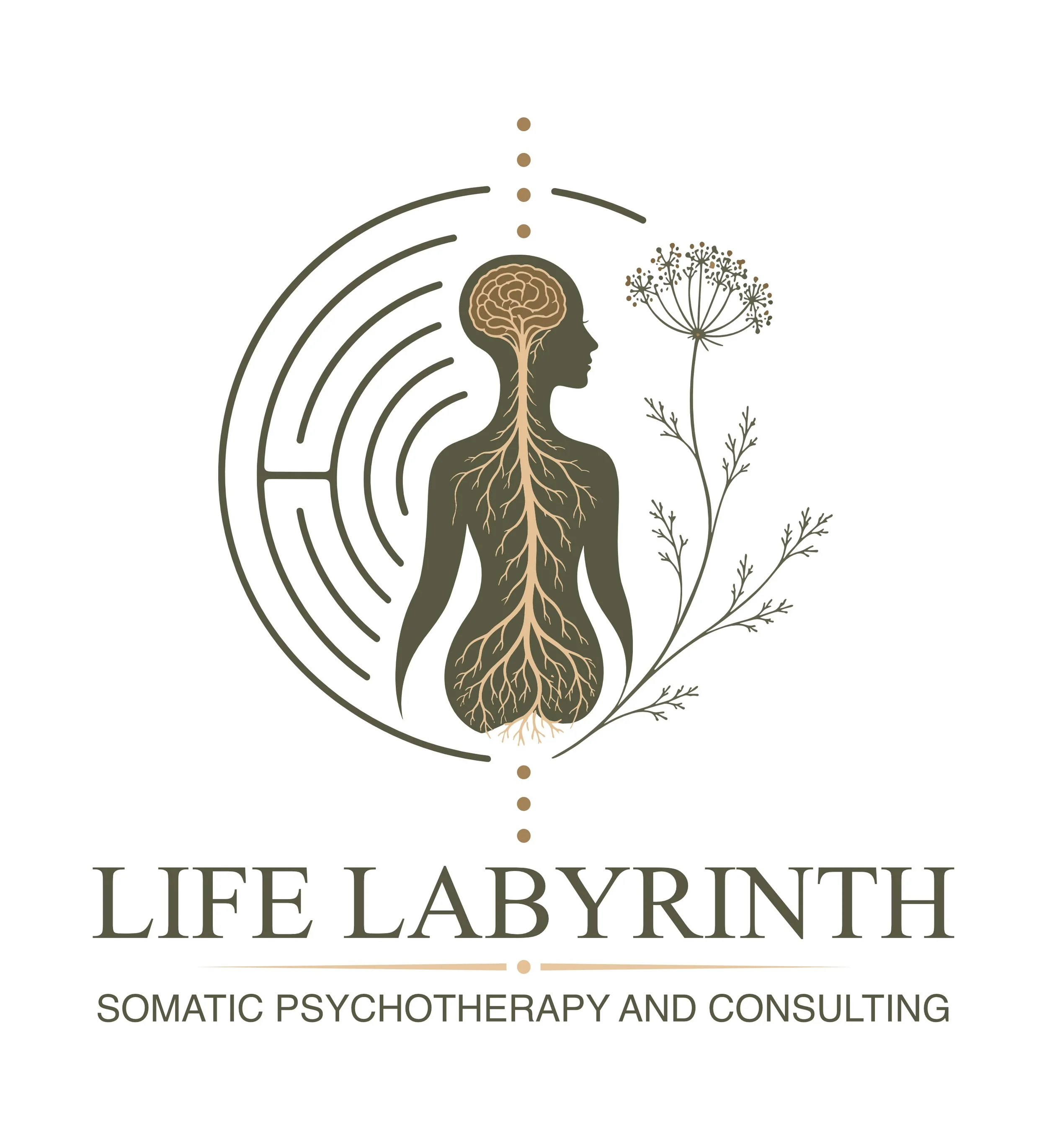Life Labyrinth Somatic Psychotherapy and Consulting logo designed by Rieley Finn featuring a human silhouette, nervous system, labyrinth, and botanical elements.