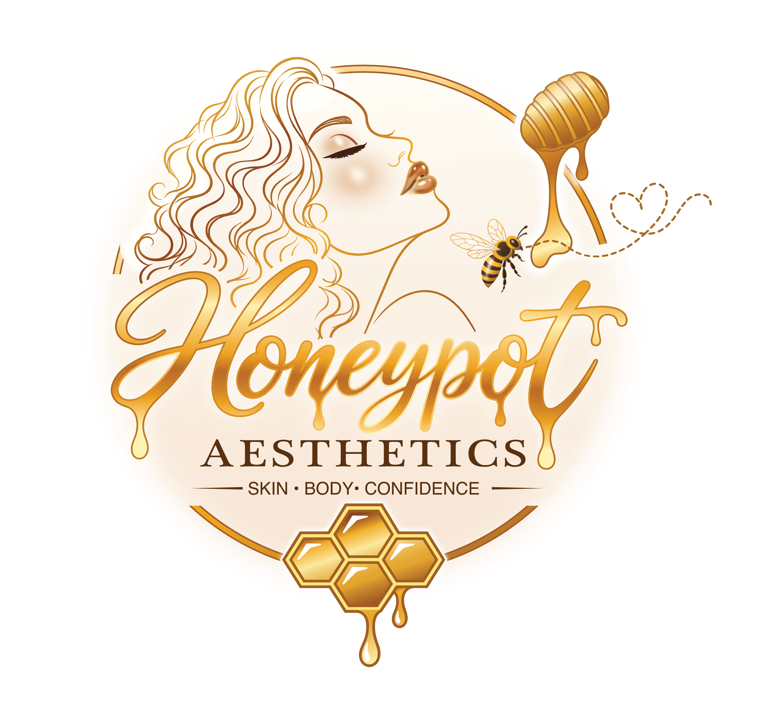 Honeypot Aesthetics logo designed by Rieley Finn featuring a stylized woman, honey dipper, bee, and honeycomb in warm gold tones.
