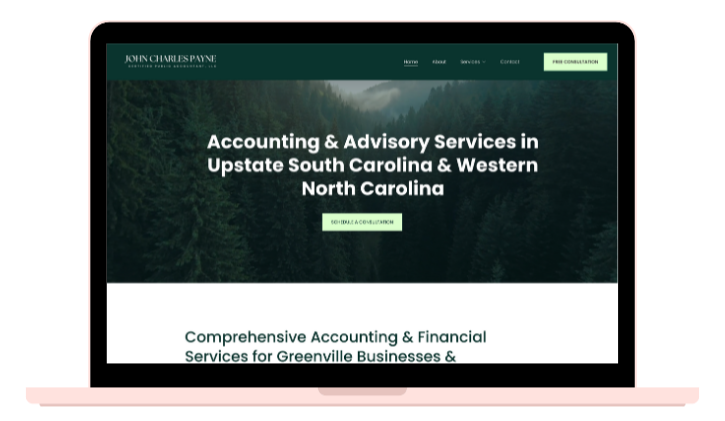 Screenshot of a website homepage for John Charles Payne, offering accounting and advisory services in Upstate South Carolina and Western North Carolina. The page features a forest background with a navigation menu and a green call-to-action button.