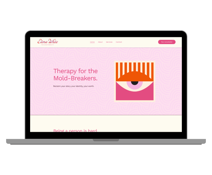 Screenshot of a website homepage for Elena White, a therapy service for mold-breakers, with a pink and white color scheme and an abstract eye logo.