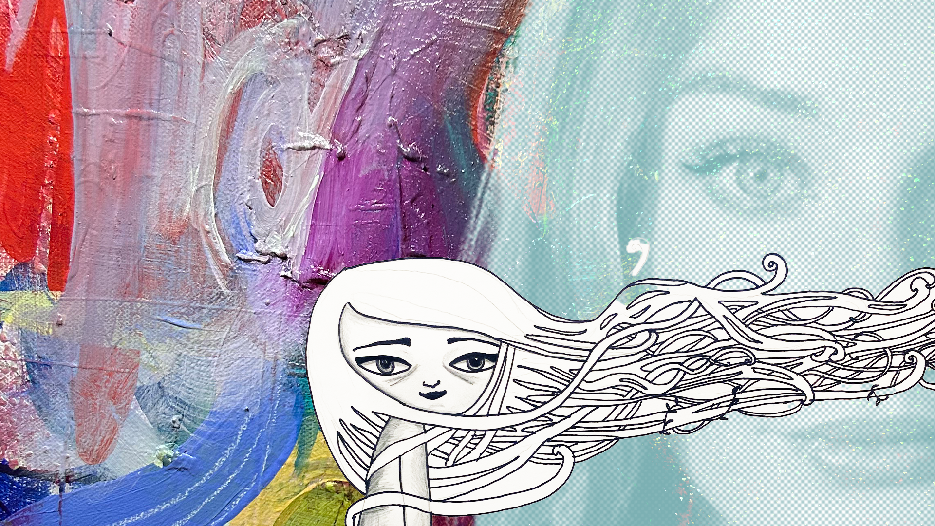 A mixed-media artwork featuring an abstract, colorful background with a textured paint surface and a stylized drawing of a girl with flowing hair and large expressive eyes, set against a faint, ghostly image of a woman's face in the background.