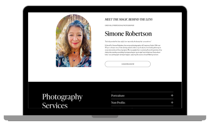 Photograph of a woman with curly hair and a blue patterned top on a computer screen beside a professional photography services website featuring her profile and options for portrait and non-profit photography.