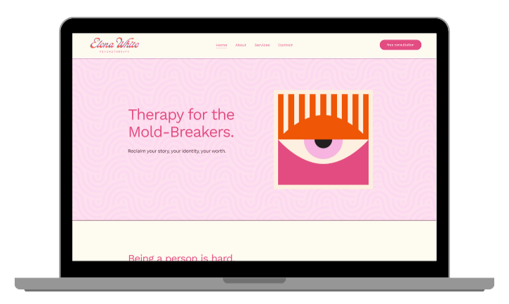 A computer screen displaying a website for Elena White Therapy, offering mold breaker's therapy. The website features pink and white colors with a pink sidebar menu, and a graphic of an eye with orange and pink colors.