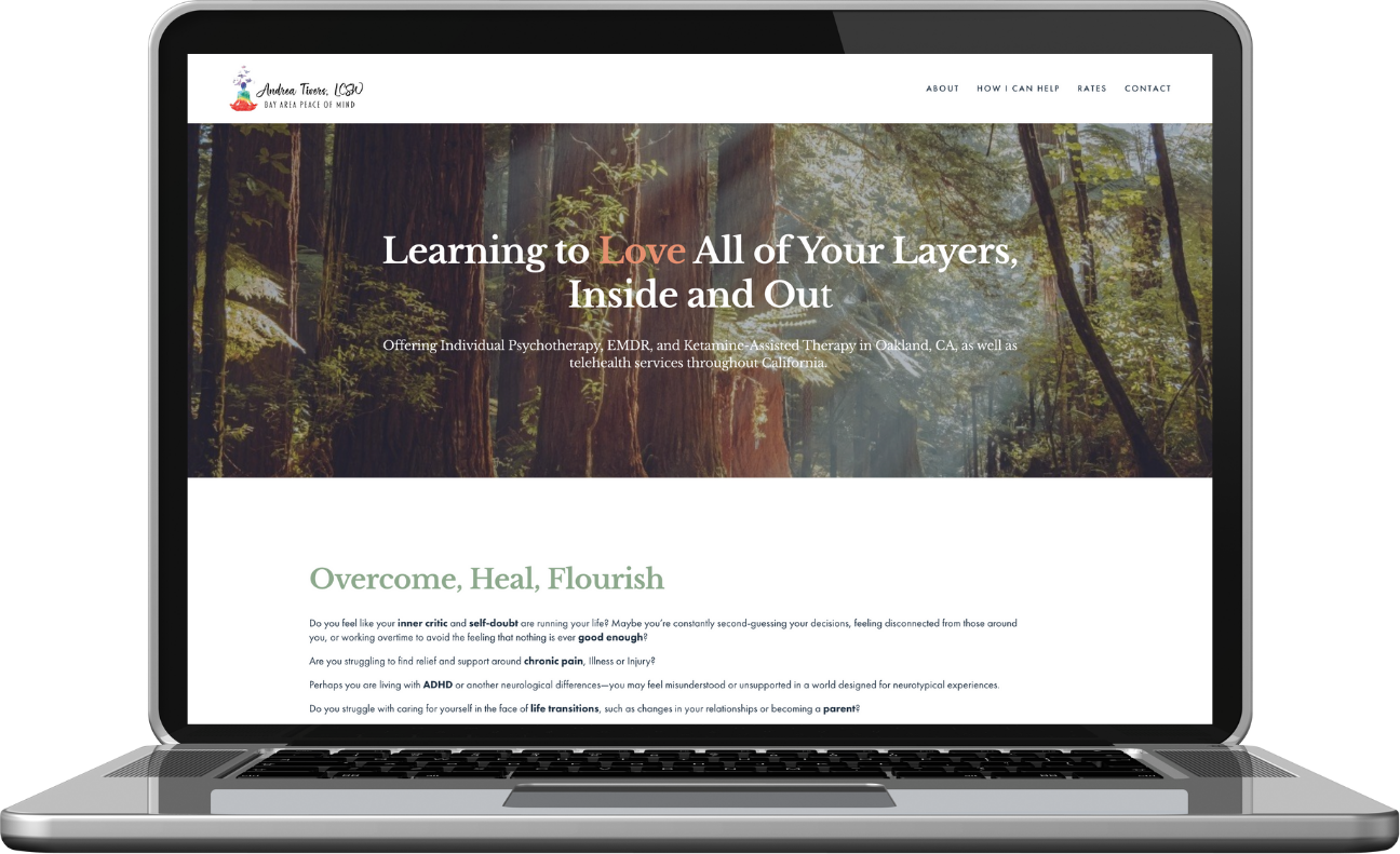 Laptop displaying a website with a nature forest background, the heading 'Learning to Love All of Your Layers, Inside and Out', offering psychotherapy services in Oakland, California.